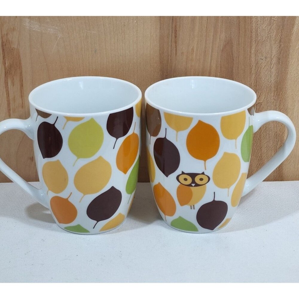 Rachael Ray Little Hoot Owl Coffee Mug 8oz set-2 retro colors orange brown 4"